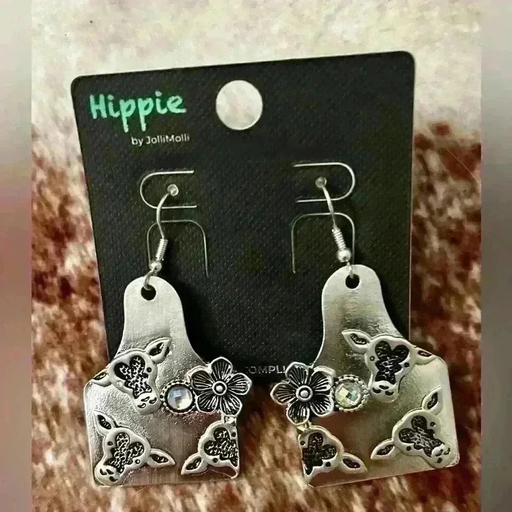 NWT Hippie by JolliMolli Silver Cattle Tag Earrings‎